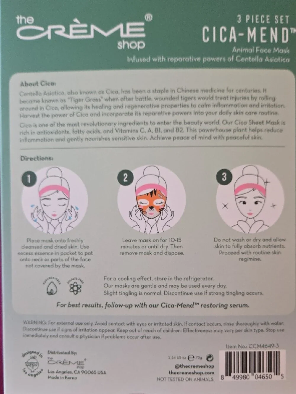The Crème Shop CICA-MEND - Soothing Sheet Mask 3 Pack. For Sensitive Skin.